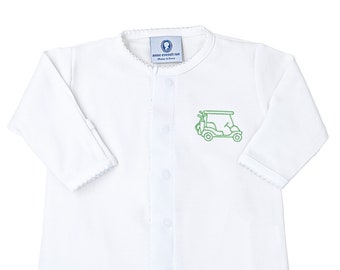 Pima Cotton Front Snap Footie-White with White Trim-Little Golfter-Newborn Coming Home Outfit-Pima Cotton Baby-Personalized Footie