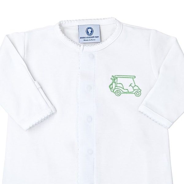 Pima Cotton Front Snap Footie-White with White Trim-Little Golfter-Newborn Coming Home Outfit-Pima Cotton Baby-Personalized Footie