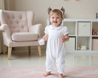 Jacqueline Pima Cotton Romper-White Baby Girl Romper-Short Sleeve, Long pants, No Feet-Monogrammed, Toddler Romper,Pima Cotton Baby