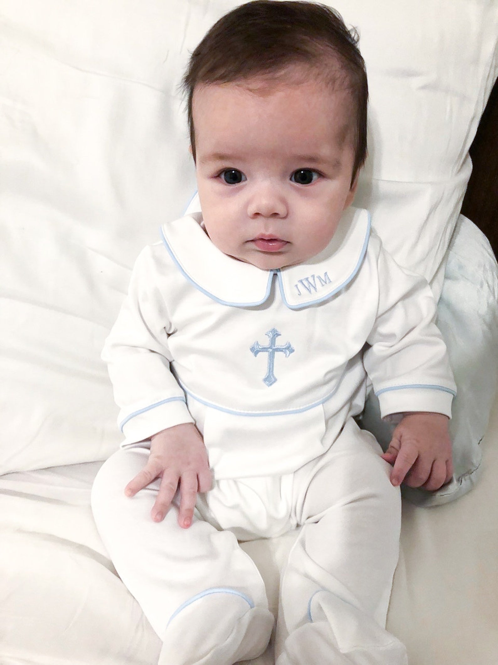 Luke Baptism Outfitwhite W Blue Trimbaby Boy Baptism Etsy