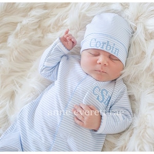 Baby Boy Coming Home Outfit-Pima Cotton Converter Gown-Blue Striped-Monogrammed Gown-Baby Boy Clothing-Pima Cotton Baby-Baby Shower Gift
