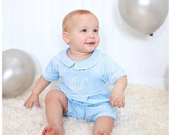 Aaron Pima Cotton Outfit- Blue with White Trim-First Birthday Outfit-Personalized First Birthday-Easter Baby-Pima Cotton Baby-Monogrammed