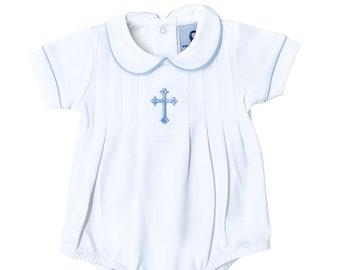 Pleated Pima Cotton Baptism Bubble-White with Blue Piping Bubble-Baptism Bubble-Classical Baby Clothes- Pima Cotton Baby-Pima Cotton Toddler