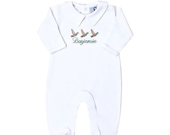 Hunter Duck Call Romper- Coming Home Outfit-White w White Newborn Outfit-Personalized Toddler-Pima Cotton Baby-Baby shower gift