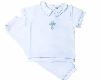 Pima Cotton Ian Baptism Outfit-White w Blue Trim-Ring bearer-Wedding-Formal occasion-Toddler clothes-Long Pants/Short Sleeves