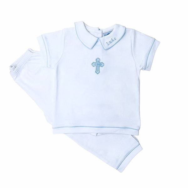 Pima Cotton Ian Baptism Outfit-White w Blue Trim-Ring bearer-Wedding-Formal occasion-Toddler clothes-Long Pants/Short Sleeves