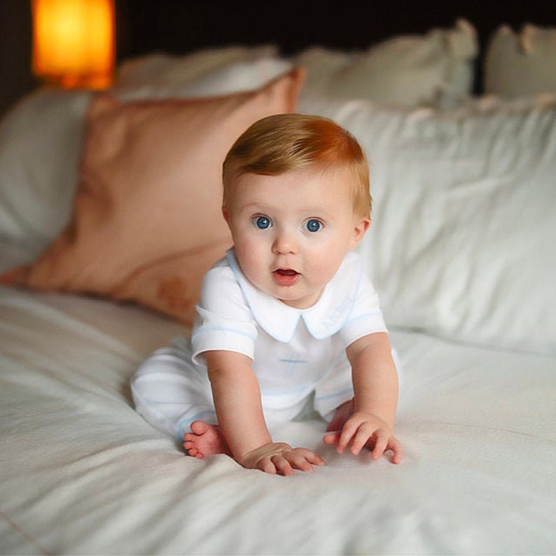 Kiran Baptism Outfit-White w Blue Trim-Short-Sleeve,Long Pant, No feet Dedication Outfit-Christening outfit-Pima Cotton Baby-Easter Outfit image 1