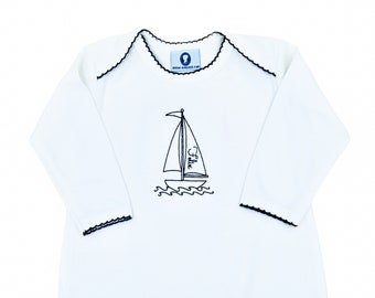 Pima Cotton Enveloped Neck Footie-white w Navy Trim-Baby Boy Coming Home Outfit-Sailboat Outfit-Pima Cotton Baby- Baby Clothes-Baby Gift