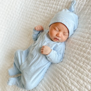 Baby Boy Coming Home Outfit-Front Snap Blue w White Dots Pima Cotton Footie-Newborn Outfit-BabyBoy Clothes-Pima Cotton Baby-Baby Shower Gift