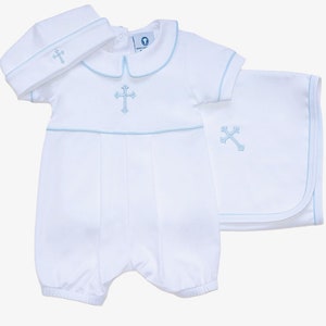 Aaron Baptism White w Blue trim Outfit-Baby Boy Christening Outfit-Dedication Outfit-Short Baptism Outfit-Baptism-Baby-Blessing Outfit image 5