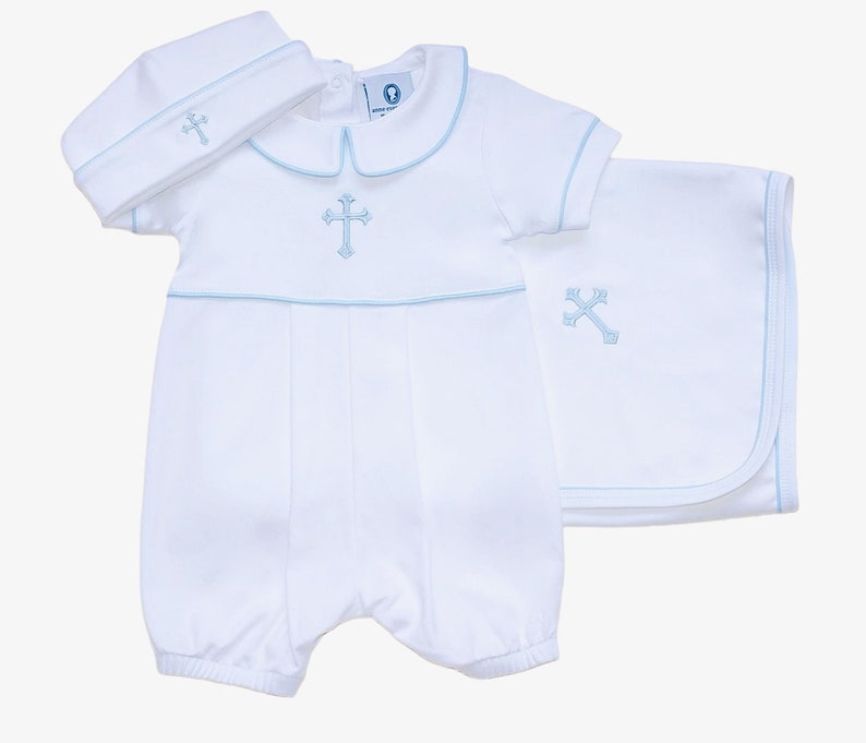 Aaron Baptism White w Blue trim Outfit-Baby Boy Christening Outfit-Dedication Outfit-Short Baptism Outfit-Baptism-Baby-Blessing Outfit image 5