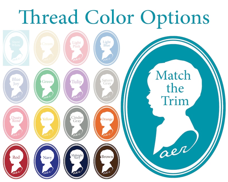 May include: A chart of thread color options for a custom embroidery project. The chart includes 16 different color options, including dusty rose, navy, and light blue. The text "Match the Trim" is displayed in the center of the chart.