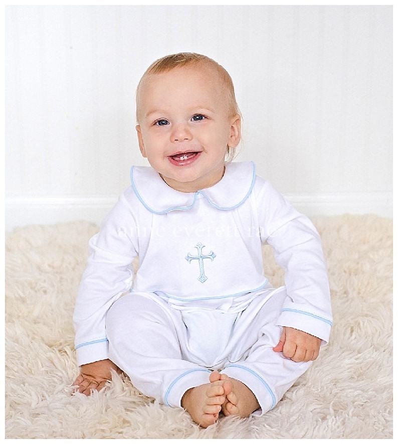 Luke Baptism Outfit-White w Blue Trim-Baby Boy Baptism Outfit-Baby Boy Christening-Pima Cotton baby-Baby Boy Blessing Outfit-Boy Baptism image 1