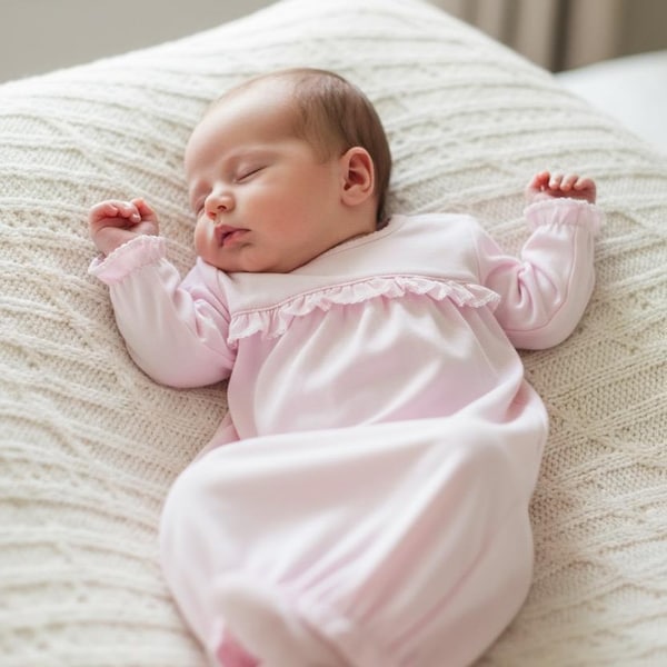 Ruffled Yoke Gown-Pink with White Trim-Pima Cotton-Baby Girl Coming Home Outfit-Pima Cotton Baby-Personalized Baby Gown
