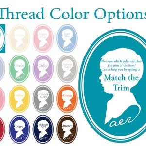 May include: A color chart titled Thread Color Options displaying fifteen oval frames, each containing a white silhouette of a child's profile. The colors include white, cream, light pink, light blue, blue joy, green, tulip, saturn gray, dusty rose, yellow, cinder gray, orange, red, navy, midnight navy, and brown.