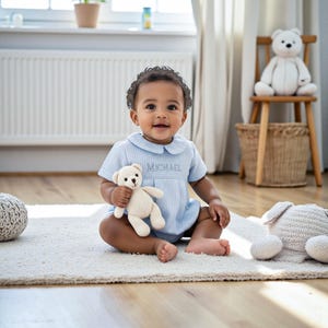 May include: A light blue and white gingham romper with a rounded collar and the name MICHAEL embroidered in gray thread on the chest. The romper features short sleeves and a pleated front design, worn by a baby holding a small cream teddy bear.