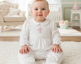 Ashley Pima Cotton Cream w Cream Baptism Outfit- Baby Girl Blessing Footie-Baby Dedication-Christening-Pima Cotton Baby- Designer Baby
