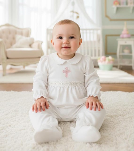 Ashley Pima Cotton Cream w Cream Baptism Outfit- Baby Girl Blessing Footie-Baby Dedication-Christening-Pima Cotton Baby- Designer Baby