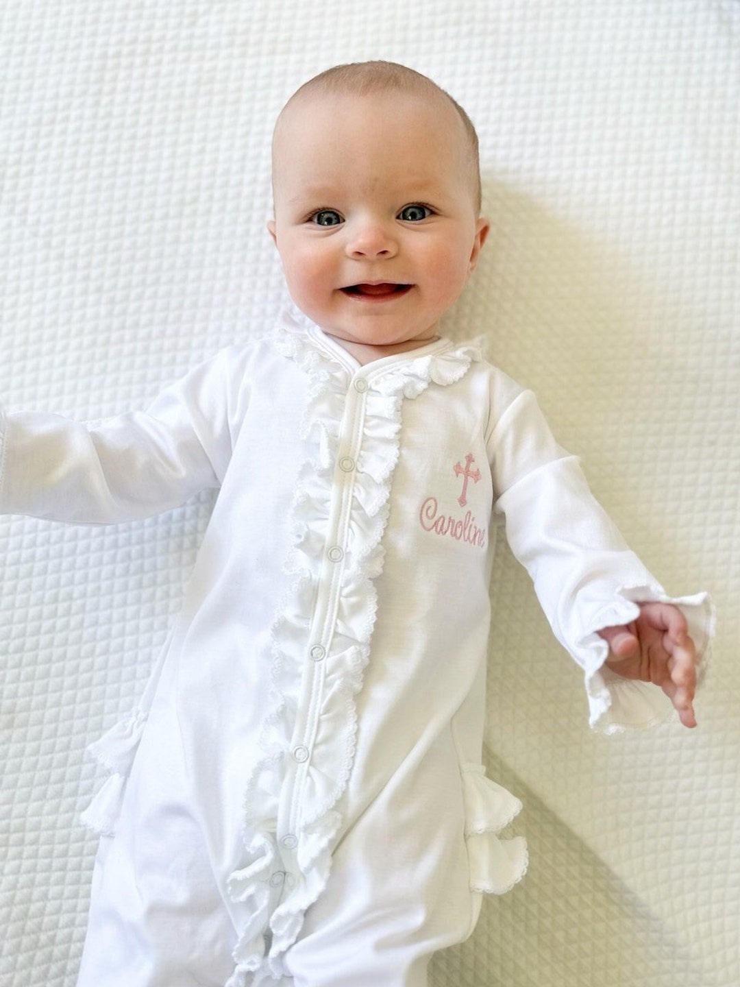 June Front Ruffled Baptism Footieall White Pima Cottonbaby Girl