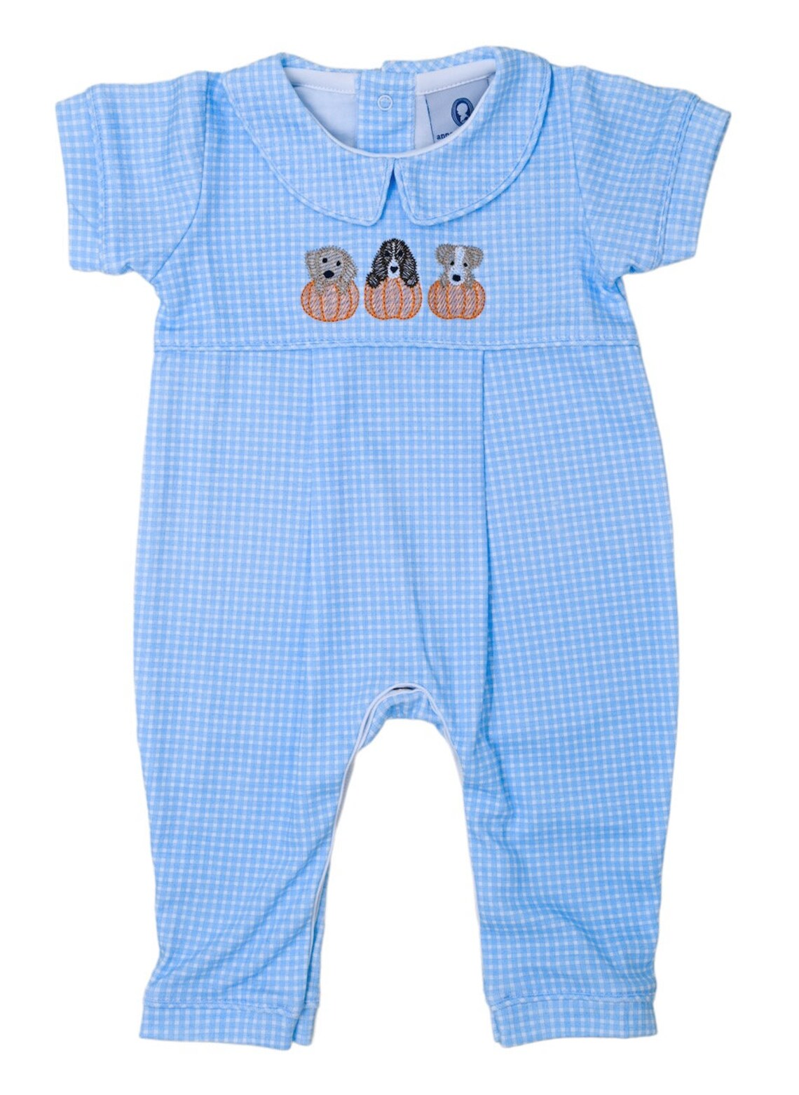 Anavini Velani Baby Boys Blue Gingham Smocked Puppy Dogs Bubble