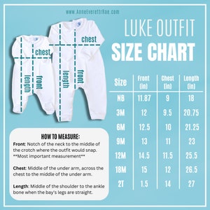 May include: Size chart for Luke outfit in white, showing measurements for front, chest, and length in inches. Sizes include NB, 3M, 6M, 9M, 12M, 18M, and 2T.