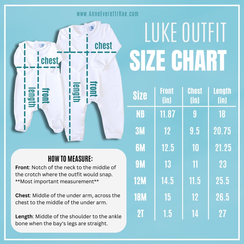 May include: Size chart for Luke outfit in white, showing measurements for front, chest, and length in inches. Sizes include NB, 3M, 6M, 9M, 12M, 18M, and 2T.