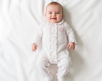 June Pink Dot Front Ruffle Footie-Baby Girl Coming Home Outfit-Baby Girl-Newborn Personalized Footie-Pima Cotton Baby