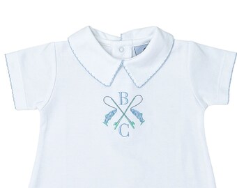 Andrew Gone Fishing Pima Cotton Shortie- White w light blue trim- Pima Cotton baby-Personalized baby-Special occasion-Brother Outfits