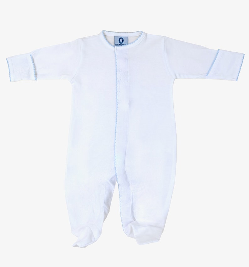 Pima Cotton Front Snap Footiewhite With Blue Trimbaby Boy Etsy