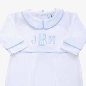 Luke Pima Cotton Outfit- White with Blue Trim-Coming Home Outfit-Newborn Coming Home-Pima Cotton Baby-Personalized Footie-Take Home Outfit