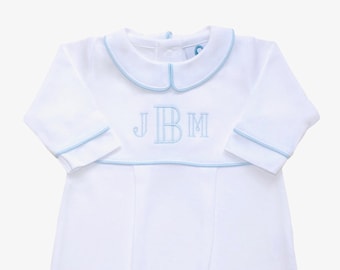 Luke Pima Cotton Outfit- White with Blue Trim-Coming Home Outfit-Newborn Coming Home-Pima Cotton Baby-Personalized Footie-Take Home Outfit