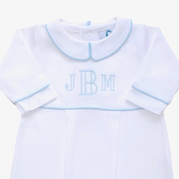 Luke Pima Cotton Outfit- White with Blue Trim-Coming Home Outfit-Newborn Coming Home-Pima Cotton Baby-Personalized Footie-Take Home Outfit