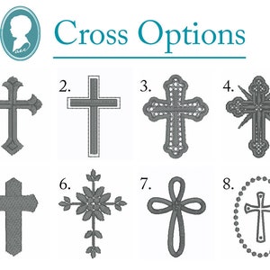 May include: A digital display titled Cross Options featuring eight distinct gray embroidered cross designs numbered one through eight. The styles include ornate, floral, looped, and beaded patterns, all presented as individual icons for selection.