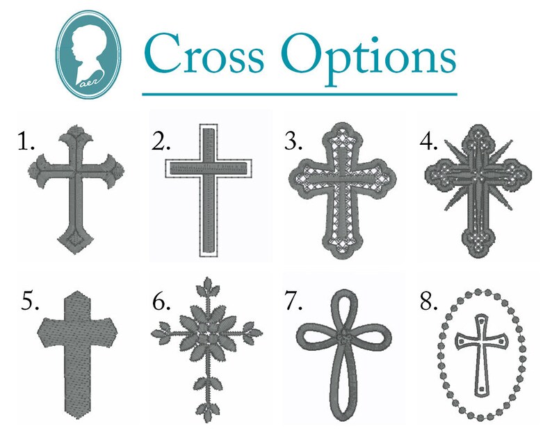 May include: A digital display titled Cross Options featuring eight distinct gray embroidered cross designs numbered one through eight. The styles include ornate, floral, looped, and beaded patterns, all presented as individual icons for selection.