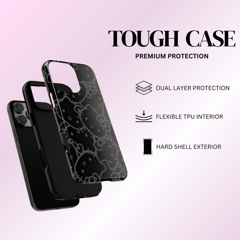 May include: Black phone case with a Hello Kitty pattern. The case is labeled "TOUGH CASE" and "PREMIUM PROTECTION". Features include dual-layer protection, a flexible TPU interior, and a hard shell exterior.