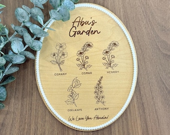 Letrero personalizado para jardín de flores de nacimiento / Placa personalizada con nombre familiar / Hasta 12 nombres / Regalo para la abuela / Regalo para el Día de la Madre / Recuerdo floral de madera