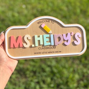 May include: Wooden classroom sign with the text "Welcome to Ms. Heidy's Classroom Where Little Minds Grow." The sign features pastel-colored letters and a yellow pencil graphic. The sign has a white border.