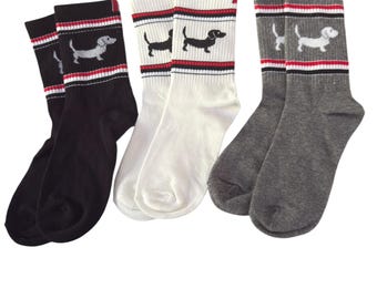 3 Pair Dachshund Socks - White, Gray, Black