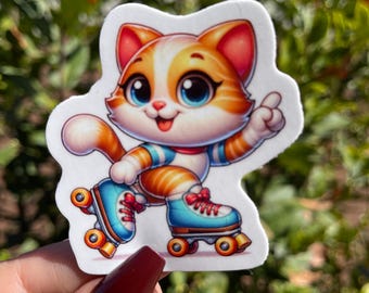 Sassy Cat Cartoon Sticker, On Roller Skates.