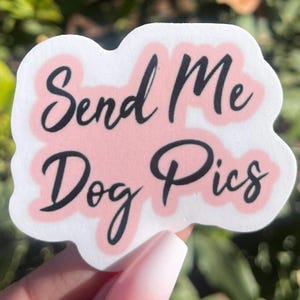 May include: A white sticker with pink lettering that says "Send Me Dog Pics".