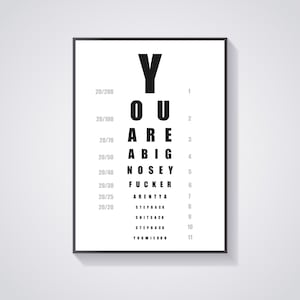 Tabla de Snellen divertida - Tabla de prueba de la vista - Tabla optométrica - Agudeza visual - Divertida - Humorística - Arte mural - Impresión