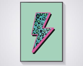 Fulmine - Fulmine leopardato - Stampa - Arte colorata - Illustrazione - Arte murale - Rosa - Verde - Cameretta per bambini - Ufficio - Asilo nido