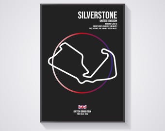 May include: A black and white poster with a red and purple circle around a white outline of the Silverstone racetrack. The poster has the text "SILVERSTONE", "UNITED KINGDOM", "NUMBER OF LAPS: 52", "CIRCUIT LENGTH: 5.891 KM (3.66 MILES)", "RACE DISTANCE: 306.198 KM (190.263 MILES)", "BRITISH GRAND PRIX", and "FIRST HELD: 1926".