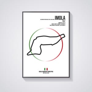 May include: A black and white illustration of the Imola race track in Italy, with a red and green circle around it. The text "IMOLA" is in black at the top of the image, with the text "ITALY" below it. The text "EMILIA ROMAGNA GRAND PRIX" is in black at the bottom of the image, with the text "FIRST HELD: 2020" below it.
