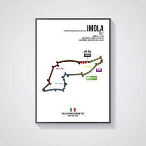 May include: A framed poster featuring the Imola, Italy race track map. The track is outlined in various colors, with labels for sectors and zones. Text includes race details like circuit length (4.909 km), race distance (309.048 km), and the Emilia Romagna Grand Prix.