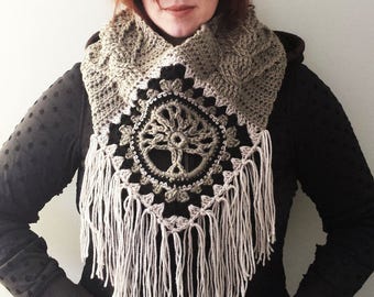 Tree of Life Fringed Cowl CROCHET PATTERN cable stitch post granny square diamond fringes cozy boho bohemian spiritual meaning worsted