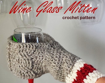 Wine Glass Beverage Mitten Crochet Mitt Pattern drink beer coffee cozy sleeve cup cabled textured women men glove Christmas gift novelty