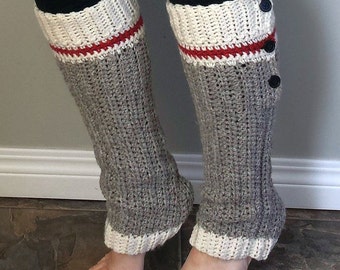 Wool Sock Legwarmers Crochet Pattern Sock Monkey Style Work Sock Grey Red White Stripes with Heel Buttons Convertible High Low Ribbed Easy