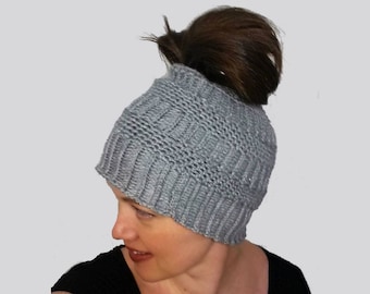 Ridge Row Messy Bun Hat Crochet Pattern for Women and Girls ponytail knit look ribbed head band stretchy toque beanie worsted easy digital