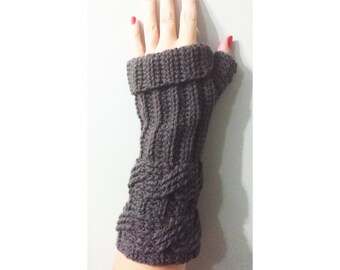 Crochet Pattern Fingerless Gloves Double Cable Ribbed Mittens Texting Wristers, Cuffed, adult, warm fall winter, intermediate, worsted